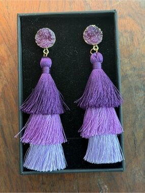 Purple Tassel Drop Earrings with Druzy Accent - Women Jewelry